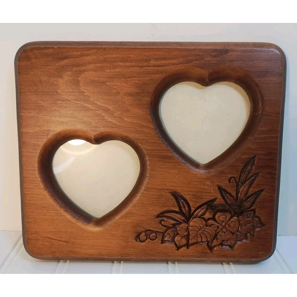 Vintage Picture Frame Wood  Double Heart Carved Engraved Flower Wall Hanging